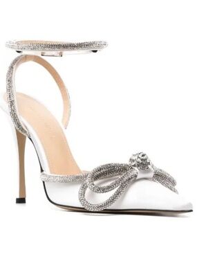 MACH & MACH White Satin Pointed-Toe Pumps with Crystal Bow and Ankle Strap